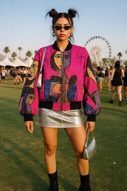 Vintage Picasso Art Bomber Jacket Bright Pink Sequins 1980s Festival Large